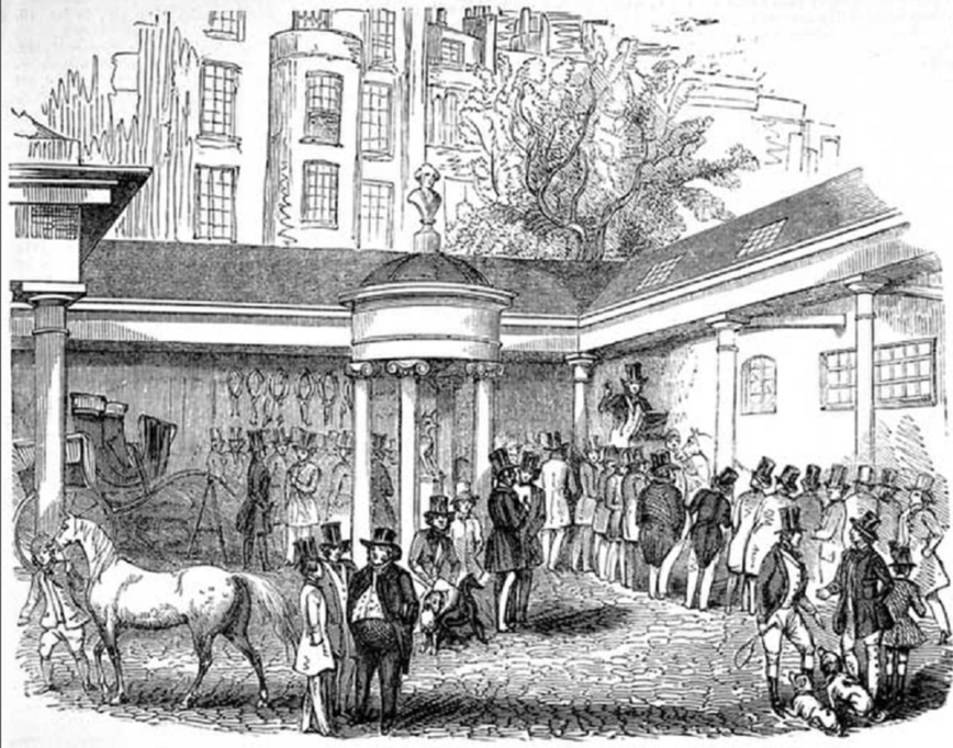 Изображение Рисунок 2. Английская гравюра, конец XIX в. Аукцион Таттерсолла на углу Гайд-парка в 1842 г 