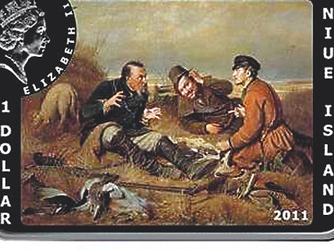 Изображение Охотники на привале на новозеландской монете