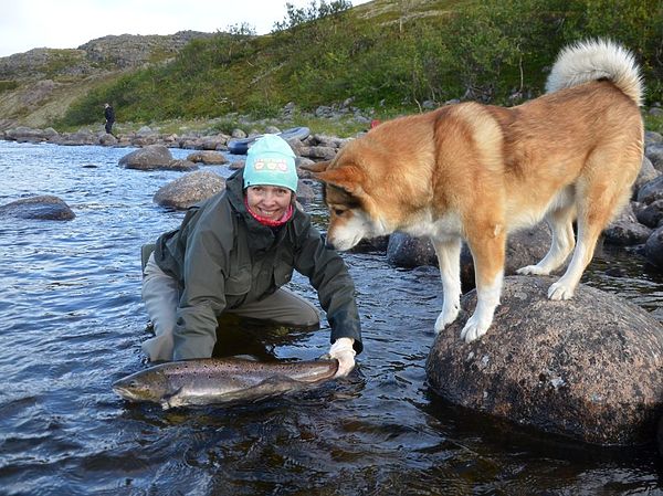 Изображение Умная собака на рыбалке – верный помощник. Хозяйке не стоит волноваться, что кто-то может подойти к ней незамеченным. Фото: Геннадий Шеляг. 