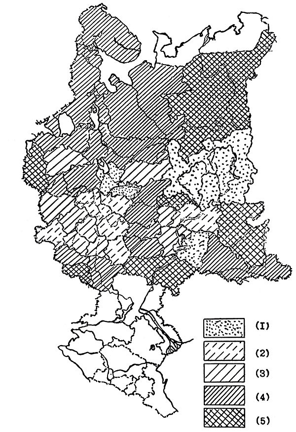 Изображение Средняя многолетняя длина суточного хода лося во второй половине зимы в Европейской части России:
1 — менее 2,5 км; 2 — 2,5–2,7 км;
3 — 2,8–3,1 км;
4 — 3,2–3,7 км;
5 — более 3,7 км.