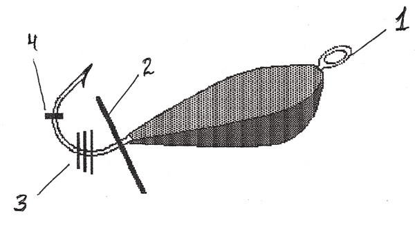 Изображение Рис. 7. Мормышка «Клоп».
1 – колечко крючка, 
2 – «крыло», 
3 – игровые кембрики, 
4 – стопор. 