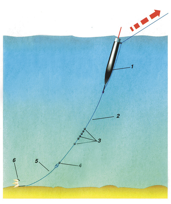 Изображение Рис. 1. Оснастка для проводки с проволочкой в водоеме без течения или на слабом течении:
1 – поплавок, 2 – основная леска, 3 – основная огрузка, 
4 – подпасок, 5 – поводок, 6 – крючок.
 