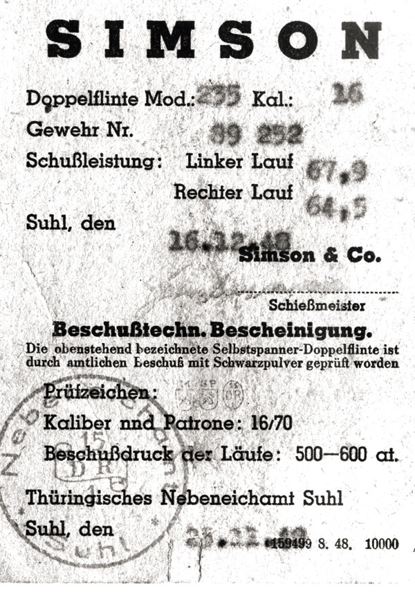 Изображение Качество немецкого оружия подтверждалось обязательными испытательными клеймами на ствольном блоке. Даже в суровые для Германии послевоенные годы технология ружейного производства соблюдалась безукоризненно, и немалая в этом заслуга была советской оккупационной администрации. 